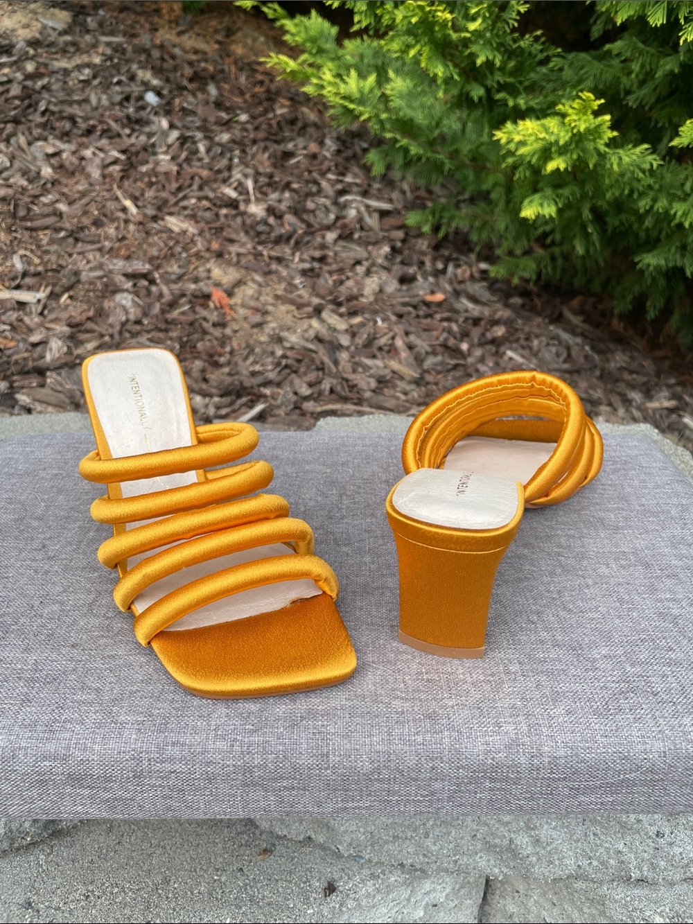 INTENTIONALLY BLANK Strappy Mule Heels in Mustard
